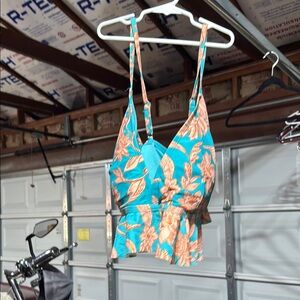 Time and Tru Teal and Peach Floral Top